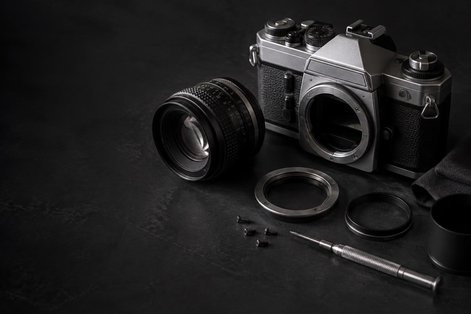 Camera and precision tools on an illustrative restoration workbench